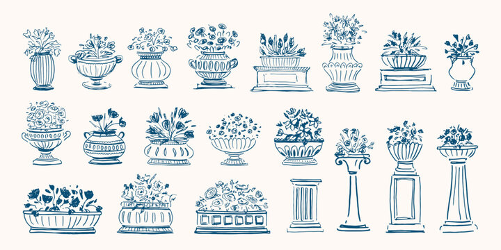 Hand drawn flowers in vases. Sketched style flower bouquets. Naive design. Spring, summer botanical art. Cottagecore style. Classical piedestal. Garden,  exterior design.