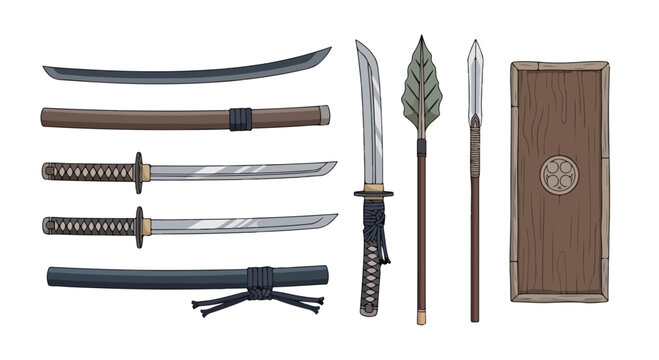 Collection of various Japanese swords and weapons including katana, wakizashi, tanto, and spear on a white background.