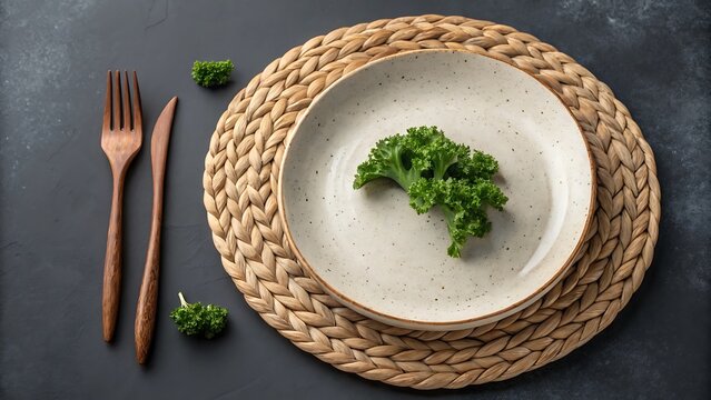 Minimalist table setting with empty plate kale and wooden cutlery