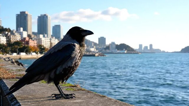 Coastal crow perched on a concrete wall, overlooking a city skyline and shimmering blue ocean waters on a sunny day