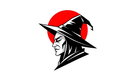 A mystical witch wearing a black hat stands against a red moonlit night sky. © Byone