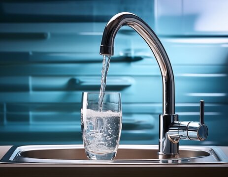 water stream fills glass under modern kitchen faucet