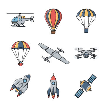 Airplanes and spacecraft in flight.