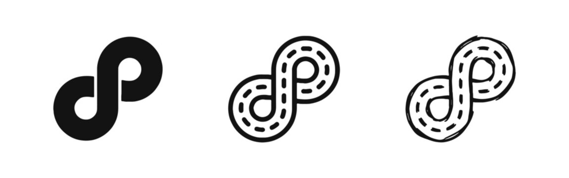 Infinity Loop Road Icon Set Representing Continuous Travel in Three Styles