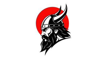 A fierce Viking warrior with a horned helmet stands proudly against a red sun. © Byone