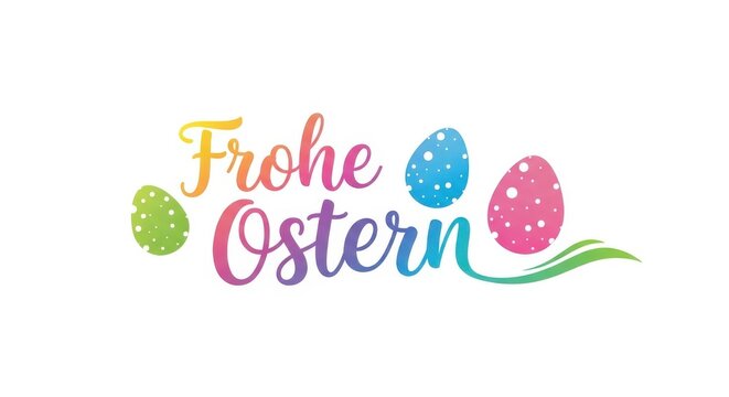 Frohe ostern greeting card with colorful gradient text and decorated easter eggs isolated on white background
