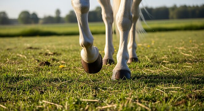 Closeup of horse hooves walking on green grass, with blurred background