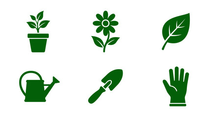 Green gardening icons showcasing plant growth, tools, and nature elements for eco-friendly designs © Siwit