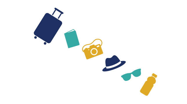 Set of travel essentials flat icons isolated on white background.