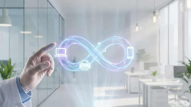 Businessman interacting with digital infinity symbol and devices in modern office
