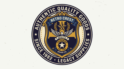 Obraz premium Vintage logo design featuring a retro crest with wings, representing quality goods and legacy supplies