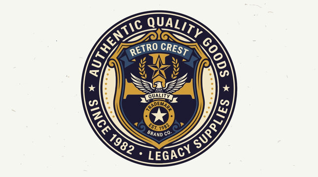 Vintage logo design featuring a retro crest with wings, representing quality goods and legacy supplies