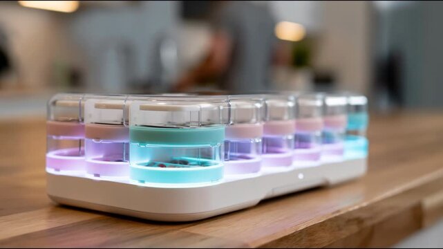 Smart electronic pill organizer with glowing lights on kitchen desk