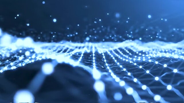 A glowing blue fiber optic background creates a digital network design with light spots and 3D communication energy patterns representing a night sky star explosion for a science technology concept