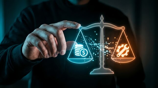 Businessman balancing scales with money and tools on each side in dark background