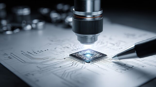 Microscope inspecting circuit board, pen nearby.