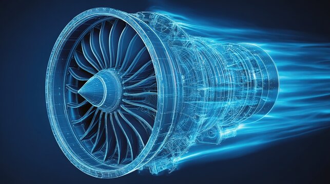Blue Jet Engine in X-Ray View, High-Speed Turbine Blades and Compressor Blades Revealed