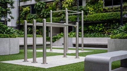 Fototapeta premium Modern Outdoor Fitness Area with Stainless Steel Calisthenics Bars and Lush Vertical Green Wall in an Urban Park