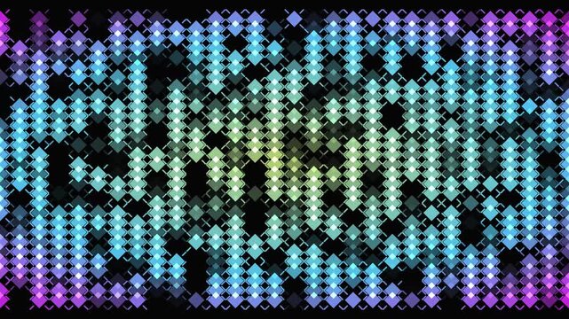 Dynamic mosaic of shimmering diamond shapes pulsing with vibrant neon colors creating abstract digital backdrop motion.