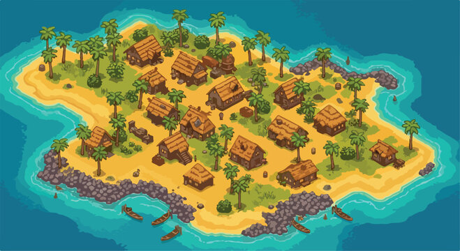 Isometric pixel art tropical island village, retro 8-bit game map with wooden huts and palm trees, coastal beach settlement vector illustration