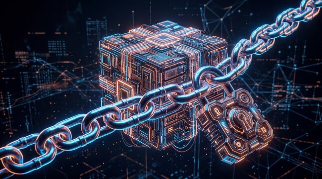 Glowing neon digital data block secured with heavy chains and a cyber padlock