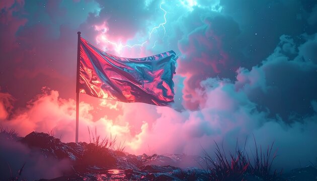 a flag waving in the wind with a stormy sky.