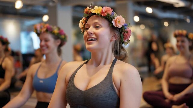 Body positivity movement group dynamic in vibrant colorful studio space practicing mirror work exercises while writing maintenance affirmations on large canvas with spring flower c
