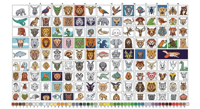 Geometric animal icons collection, set of 140 flat vector wildlife avatars, colorful zoo and safari creature portraits for educational branding
