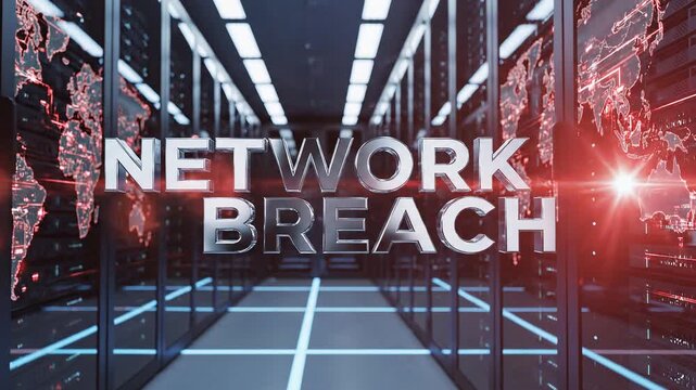 Digital Network Breach in Server Room Data Center with World Map Overlay and Red Glitches Cybersecurity Threat Concept