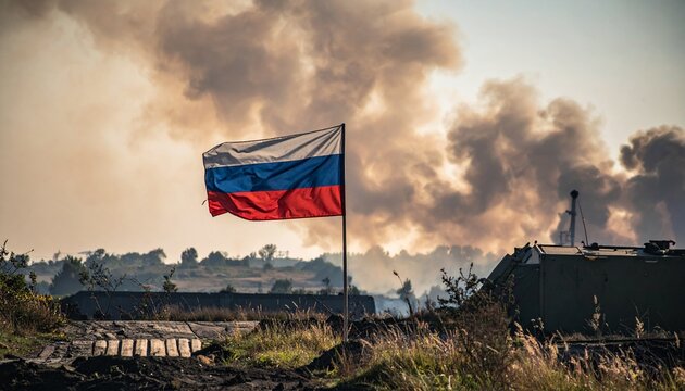 Russian flag waving amidst destruction and smoke.