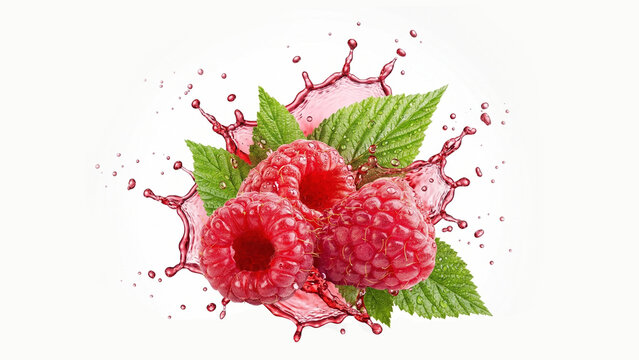 Raspberries, along with raspberry juice and water droplets in the air, against a white background.