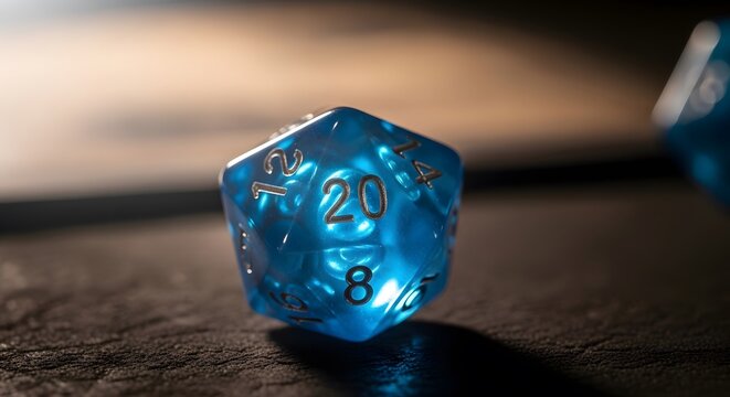 Translucent blue d20 polyhedral die on wooden table, cinematic 20 sided gaming dice for tabletop rpg, fantasy roleplaying game hobby equipment