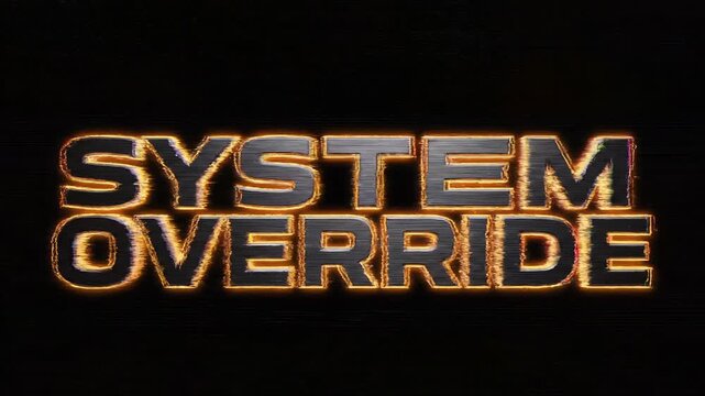 Dynamic System Override Text Animation with Fiery Glow and Metallic Texture on Dark Background