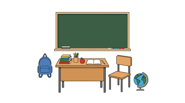 Classroom desk with chair and globe.
