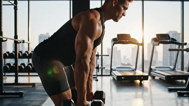 Focused bodybuilder performs dumbbell rows in a modern gym with a stunning city view and motivating quotes for training