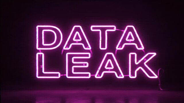Illuminated Neon Sign Reads DATA LEAK Flashing with Glitch Effects and Purple Glow on Dark Background