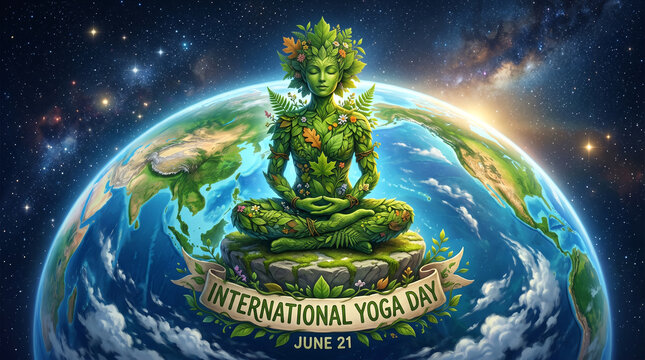 International yoga day illustration featuring a green goddess sitting on earth with a banner