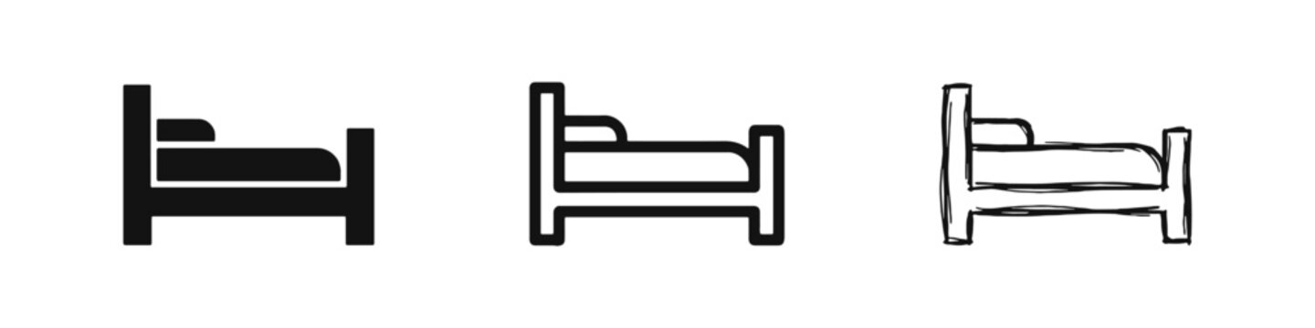 Hotel accommodation and bedroom icon set with single bed furniture symbols