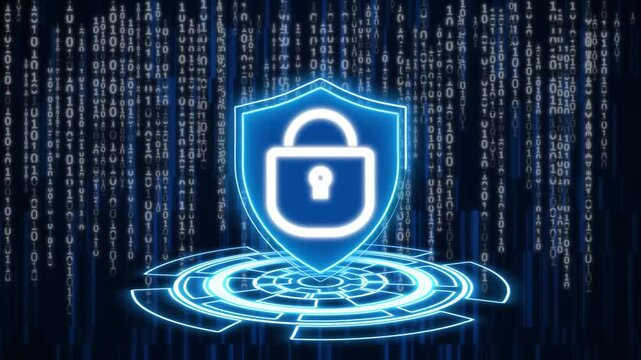 Glowing blue digital shield with padlock icon over binary code background, symbolizing cybersecurity, data protection, encryption, and network security technology.