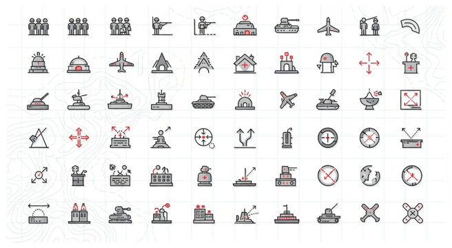 Collection of military icons representing various war machines and equipment for design.