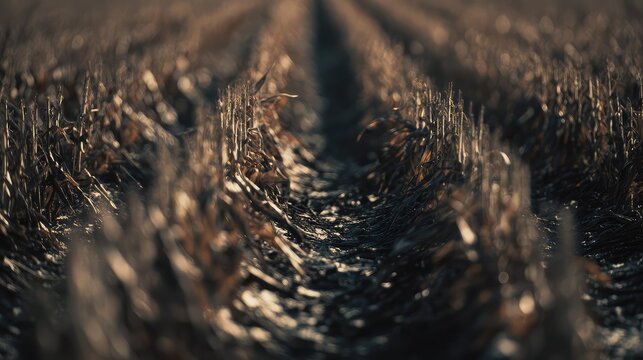 Harvested field with dried cornstalk stubble rows