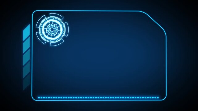 Futuristic blue neon hud interface panel with rounded rectangle frame, sci-fi circular radar element top left, glowing accents and empty copy space on dark background.
