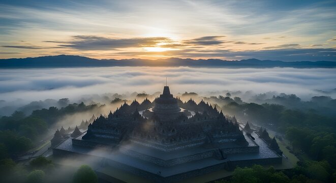 Borobudur Temple at Dramatic Sunrise Above Sea of Clouds Indonesia Heritage