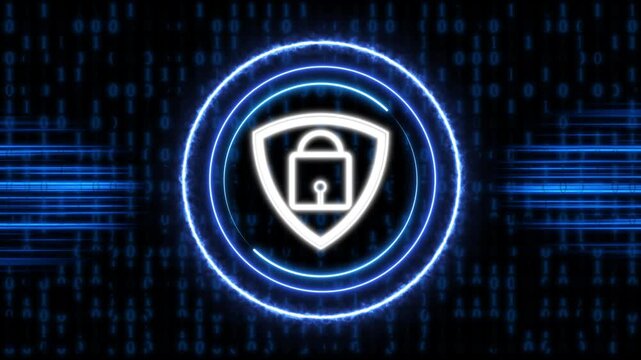 Glowing cybersecurity shield icon with padlock in blue digital code background, representing data protection, network security, encryption, and online privacy technology concept.