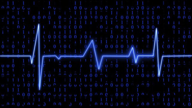 Glowing blue electrocardiogram line pulses across dark background filled with binary code, symbolizing digital health monitoring, data, cybersecurity and technology.