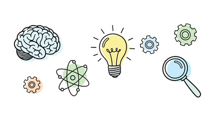 Creative Concepts: A constellation of ideas illuminates a bright light bulb, symbolizing innovation and the pursuit of knowledge. The image includes a brain, magnifying glass, atom, and gear icons. © ABUBAKAR