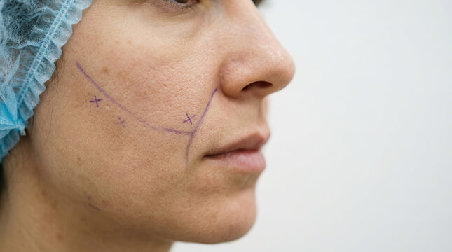 Preoperative marking on cheek of patient shows precise lines and crosses for surgical guidance enhancing preparation process with clear visual cues for medical team