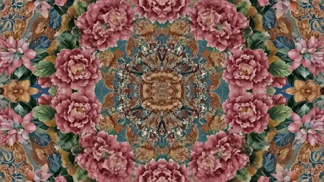 Intricate Floral Kaleidoscope Pattern with Peonies and Lush Greenery.