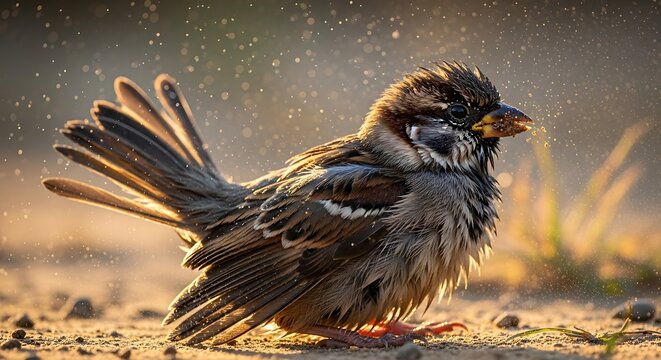 Close-up of a wet sparrow with ruffled feathers, bathed in golden sunset light