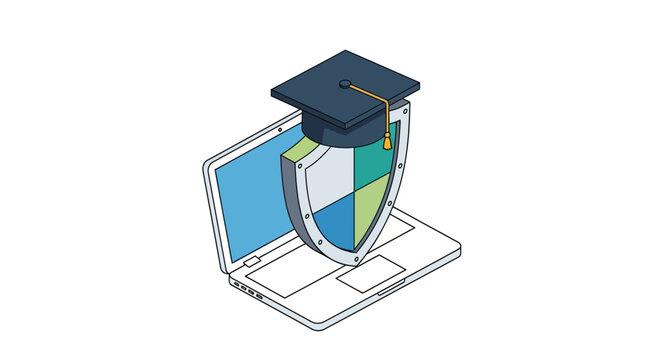Isometric Illustration of Laptop with Shield and Graduation Cap Representing Cybersecurity and Academic Integrity in Online Education